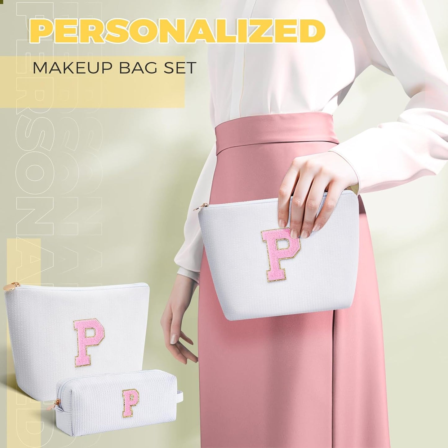 Personalized Makeup Bag for Women Girls - Fashion Cosmetic Bag Trendy Travel Toiletry Bag with Initials Letter - Teen Gifts - White,P