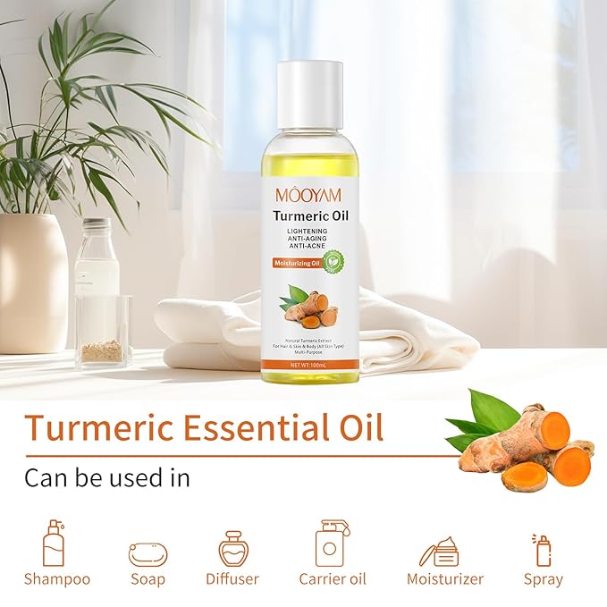 Turmeric Oil Organic Body Oil for Skin,Turmeric Essential Oil Massage Oil for Body and Face, Dark Spots, Ance, Hair Care, Moisturize Hydrating Turmeric Body Oil After Shower(100ml) Christmas Gifts