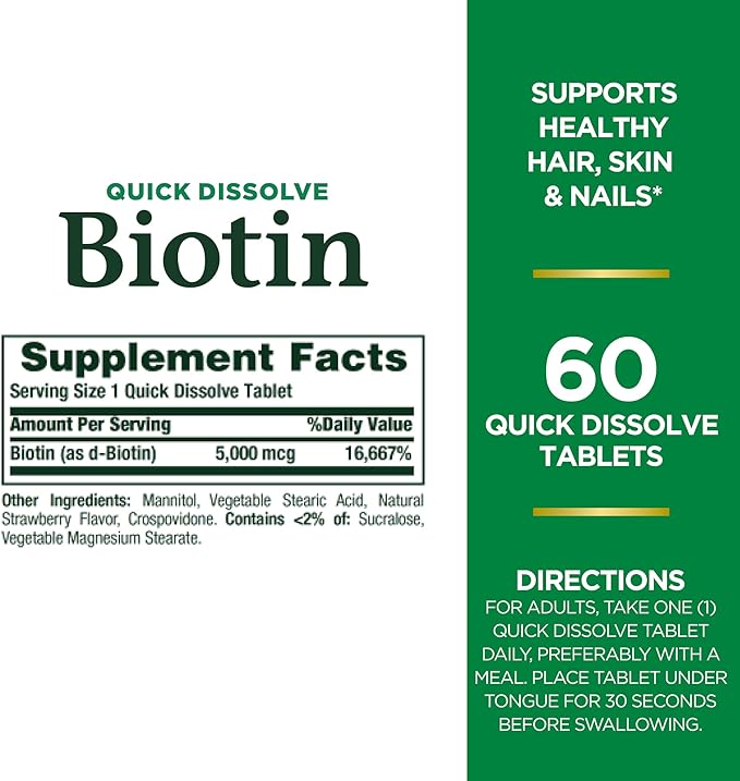Biotin by Nature's Bounty, Vitamin Supplement, Supports Metabolism for Cellular Energy and Healthy Hair, Skin, and Nails, 5000 mcg, 60 Quick Dissolve Tablets