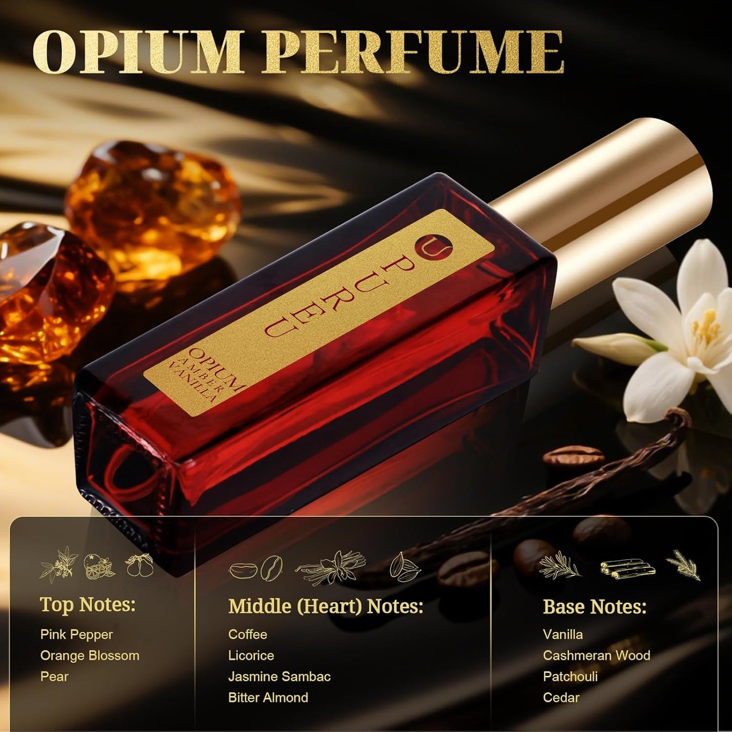 Opium Vanilla Perfume for Women - Vanilla, Coffee, Pear,Patchouli, White Jasmine Floral - Eau de Parfum Long Lasting Spray Perfumes Travel Size Extrait de Parfum, 20ML/ 0.7 fl (Opium Amber Perfume)