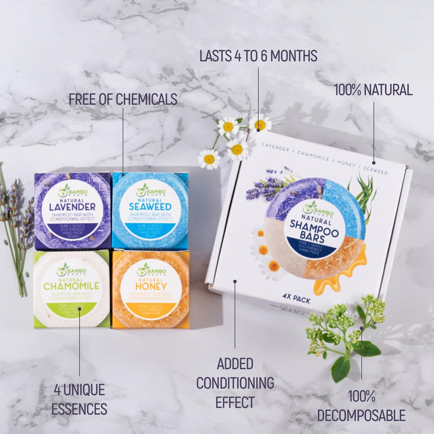 Solid Shampoo Bar And Conditioner Effect Hair Soap – 4 Pack 100% Organic Shampoo Bars For Hair With All Natural Plant Based Essential Oils And Eco Friendly Zero Waste Biodegradable Packaging