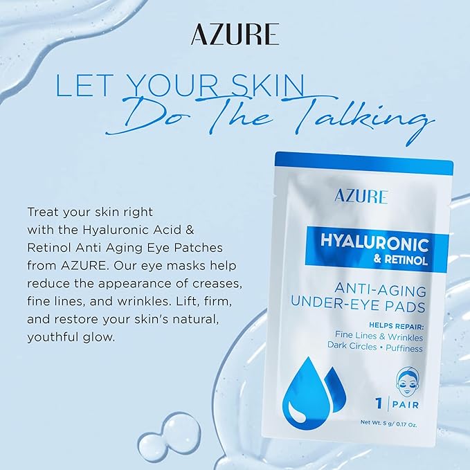 AZURE Hyaluronic & Retinol Anti Aging Under Eye Pads- Moisturizing & Rejuvenating Eye Mask Patches - Reduces Fine Lines, Wrinkles, Dark Circles & Puffiness - Skin Care Made in Korea - 10 Pairs