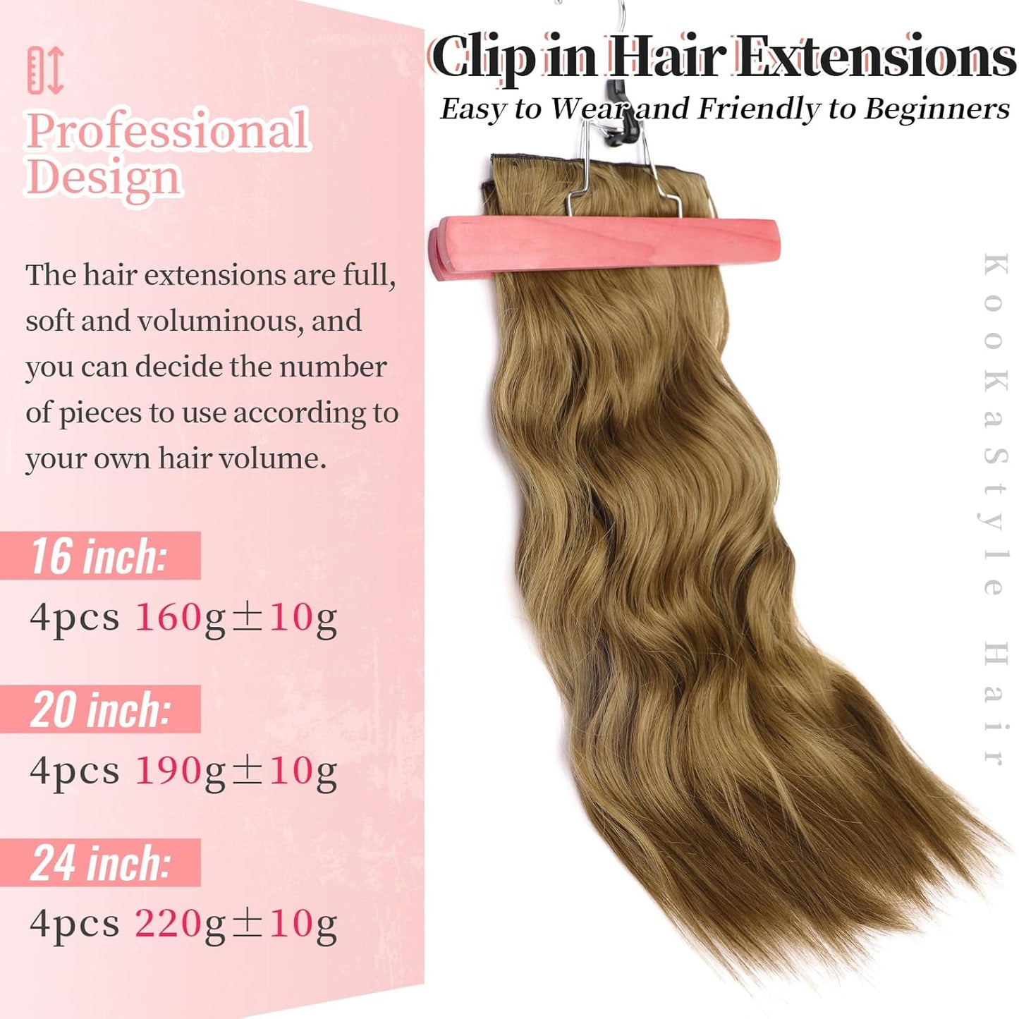 KooKaStyle Clip in Synthetic Hair Extensions Long Wavy 4PCS Thick Hairpieces Brown with Multi - Tone Highlights Fiber Double Weft Natural Hair Extensions 20 Inch for Women