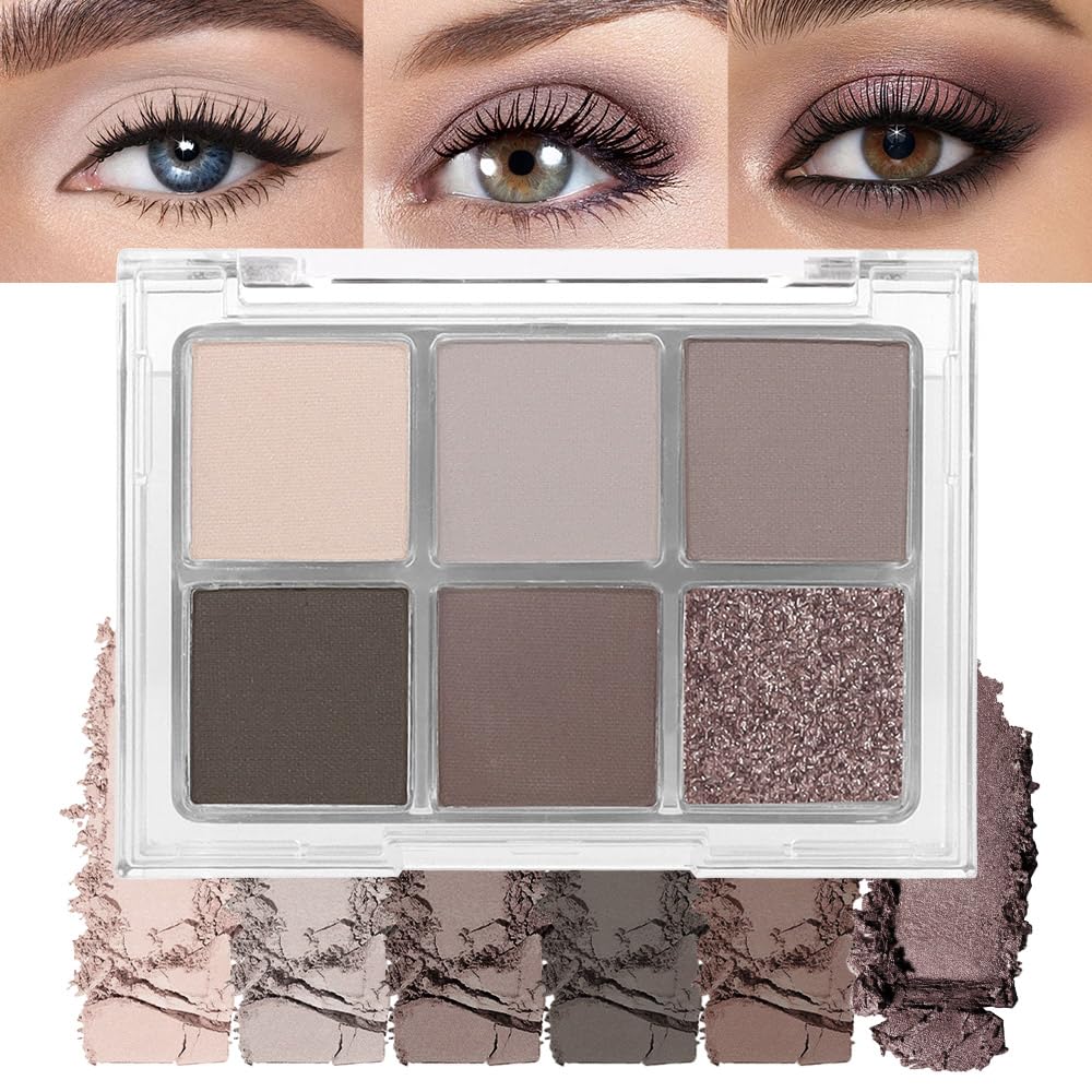 6 Colors Glitter Matte Eyeshadow Palette, Natural Nude Smoky Black Coffee Wine Red Sparkly Eyeshadow Palette Makeup, Smokyd Eye Shadows Palette Long Lasting Naturing-Looking Women Girls Eye Shadow 02