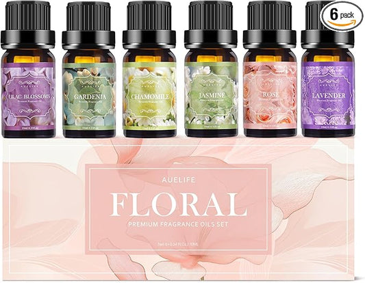 Floral Essential Oils Set | Top 6 Aromatherapy Oils Gift Set, Home Fragrance for Diffusers, Candle Making Scents - Lilac, Lavender, Chamomile, Jasmine, Rose, Gardenia for Relaxation, Stress Relief