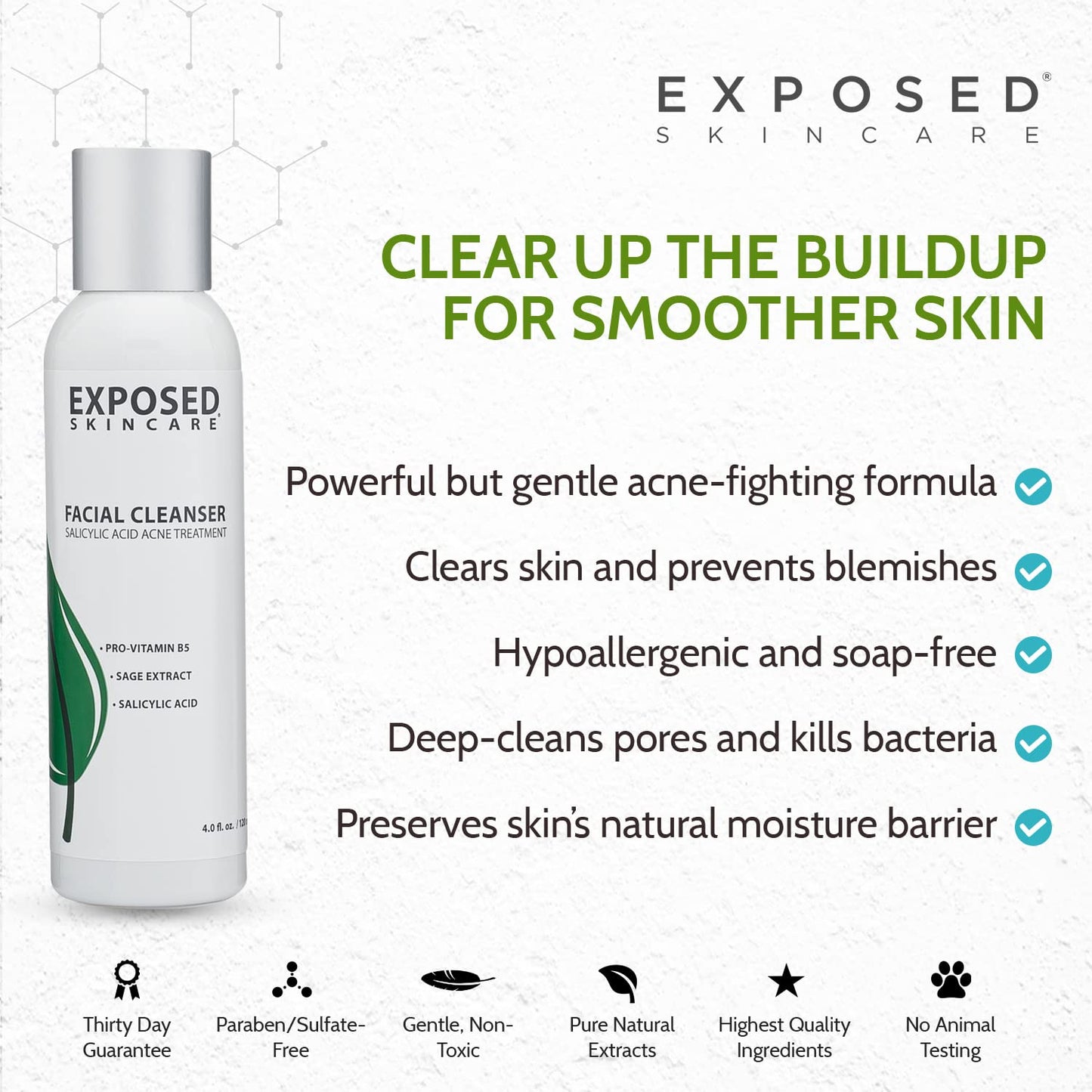Exposed Skin Care, Acne Facial Cleanser with 0.5% Salicylic Acid for Sensitive and Acne-Prone Skin – Gentle Daily Face Wash for Breakout, Blackhead and Excess Oil – Natural, Non-toxic and Cruelty Free
