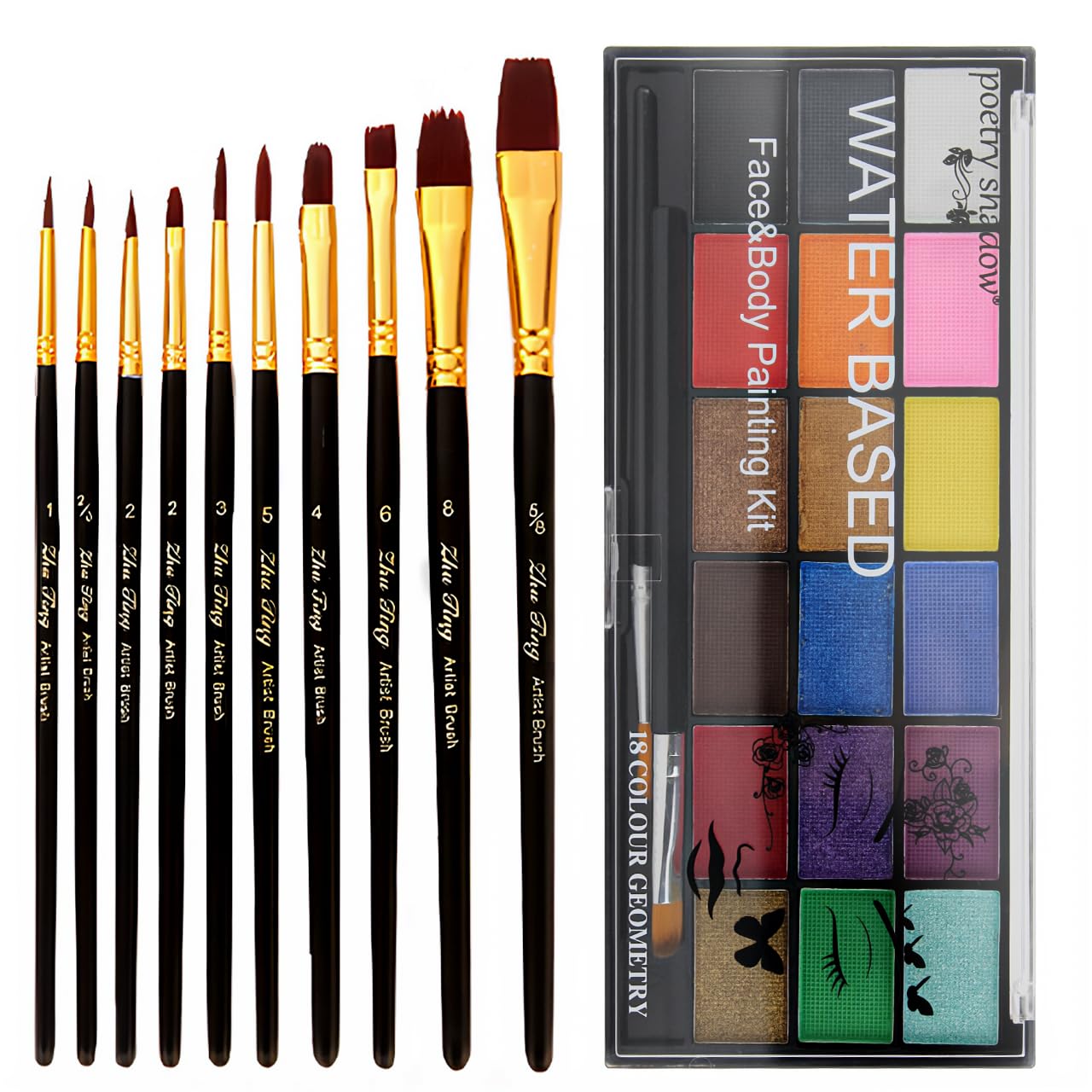 Face Paint Kit, Painting Palette with Brushes Body Paint Face Makeup Safe and Easy to Clean for Halloween Carnivals Cosplay Party Stage Performances (18 Colors + 10 Brushes)
