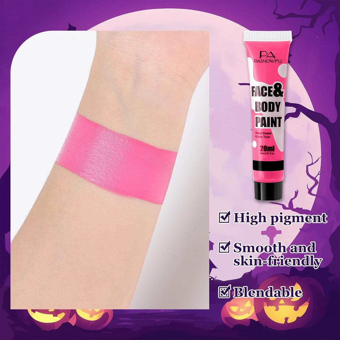 Pink Face Paint -Water Based Non-Toxic Highly Pigmented Body Painting for Vintage Doll Puppet Halloween SFX Cosplay, Full Coverage Washable Paint for Costume Party Stage Performance