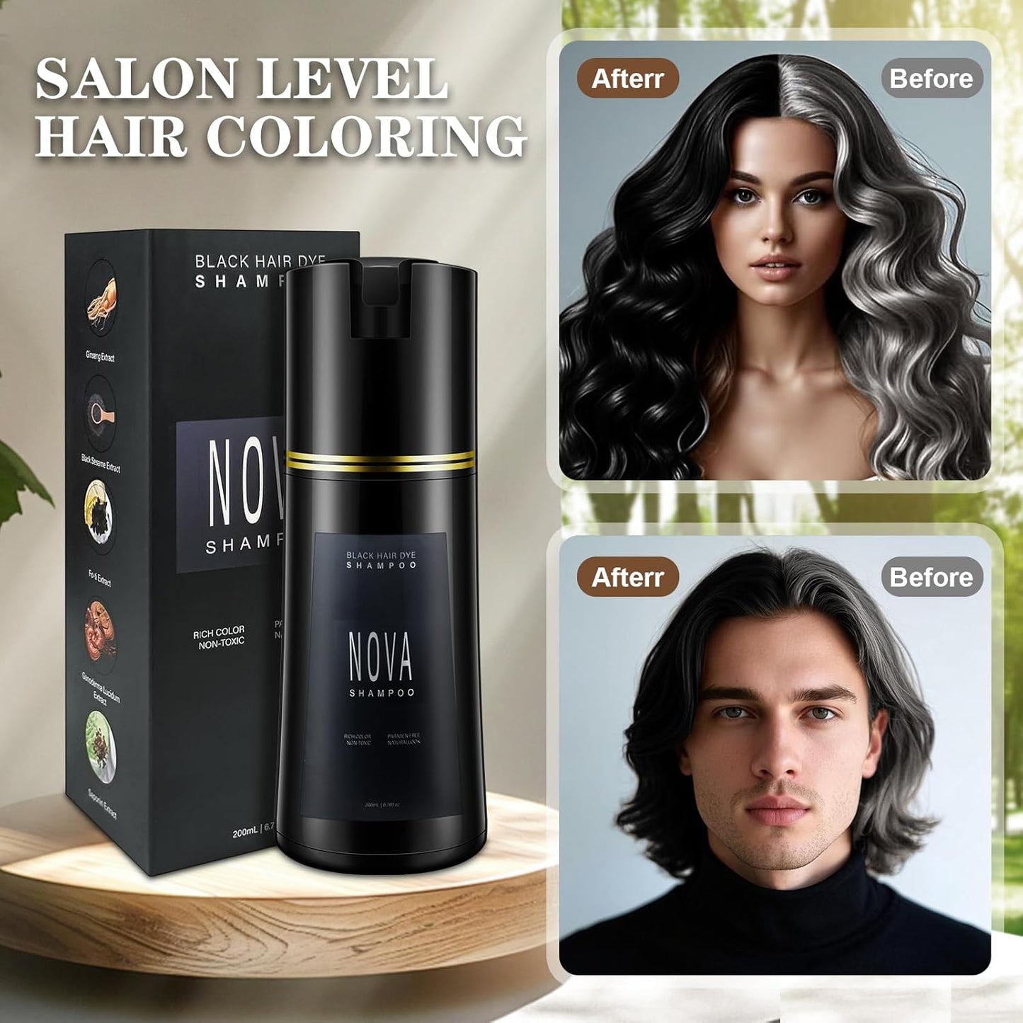 Hair Dye Shampoo & Champu Para Canas - Natural 3-in-1 Instant Gray Coverage for Men & Women (Black-200ml)