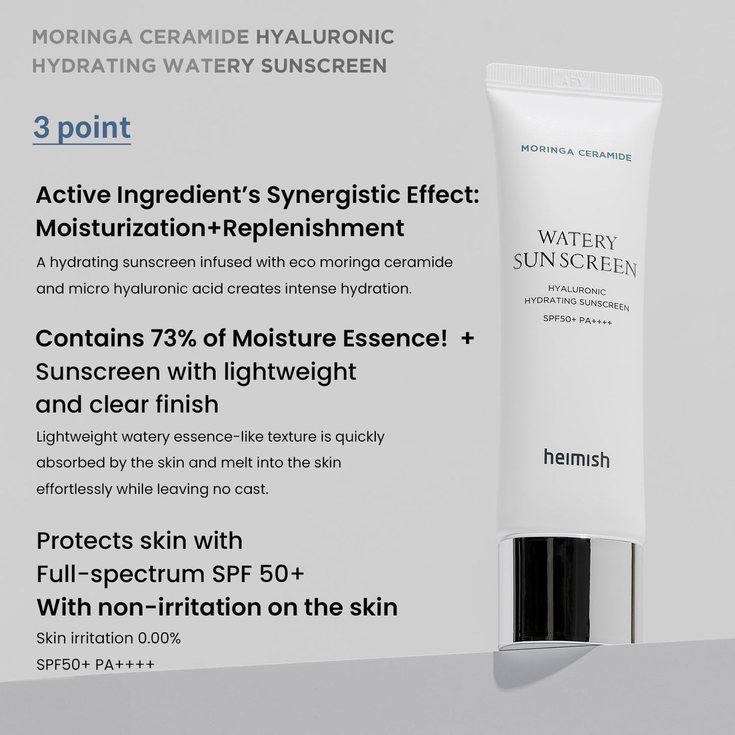 HEIMISH Moringa Ceramide Hyaluronic Hydrating Watery Sunscreen - SPF Face Moisturiser, Daily Sunscreen For Face, Broad Spectrum SPF 50, Non-greasy, Lightweight with Hyaluronic Acid, 1.7fl.oz/50ml