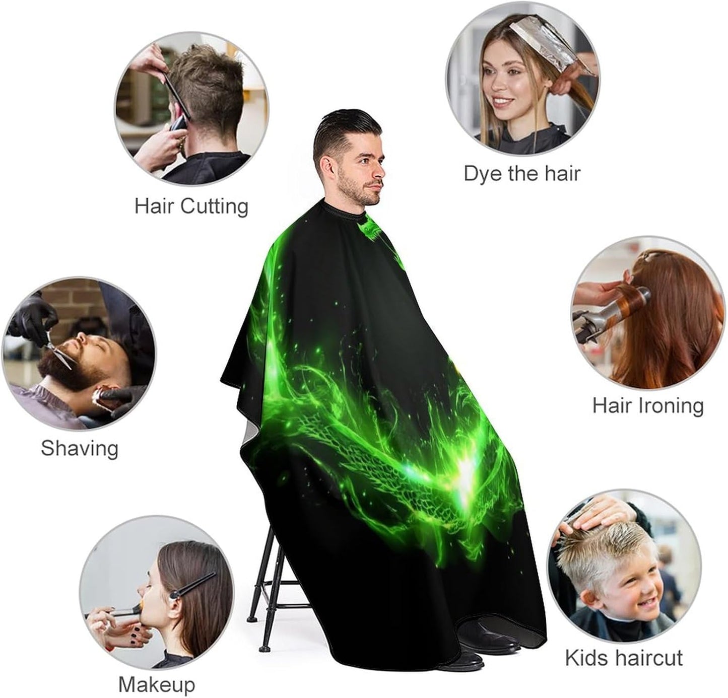 Salon Cape for Adults, Water Resistant Hair Cutting Salon Cape Extra Large Haircut Cloth Apron Cape Haircut Barber Gown (Green Fire Flame Dragon Black Art, 55x66 Inch)