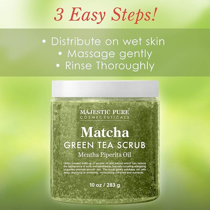Majestic Pure Matcha Green Tea Body Scrub for All Natural Skin Care - Exfoliating Multi Purpose Body and Facial Scrub Moisturizes and Nourishes Face and Skin - 10 oz - Great Gift for Her