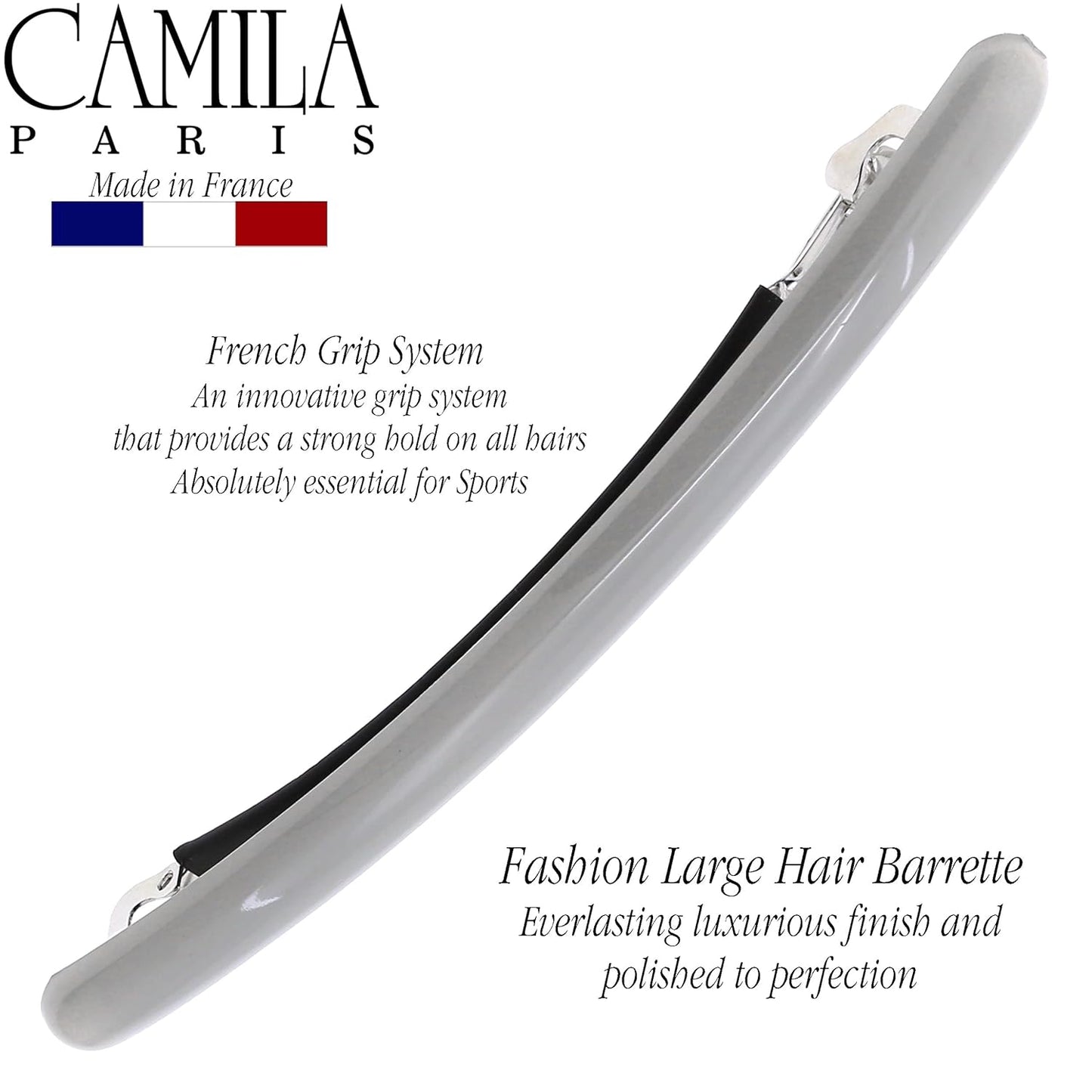 Camila Paris CP3252 French Hair Barrette Large Gray, Long Skinny Strong Hold Grip Hair Clips for Women, Thin Rubberized Automatic Clasp No Slip Durable Styling Girls Hair Accessories, Made in France