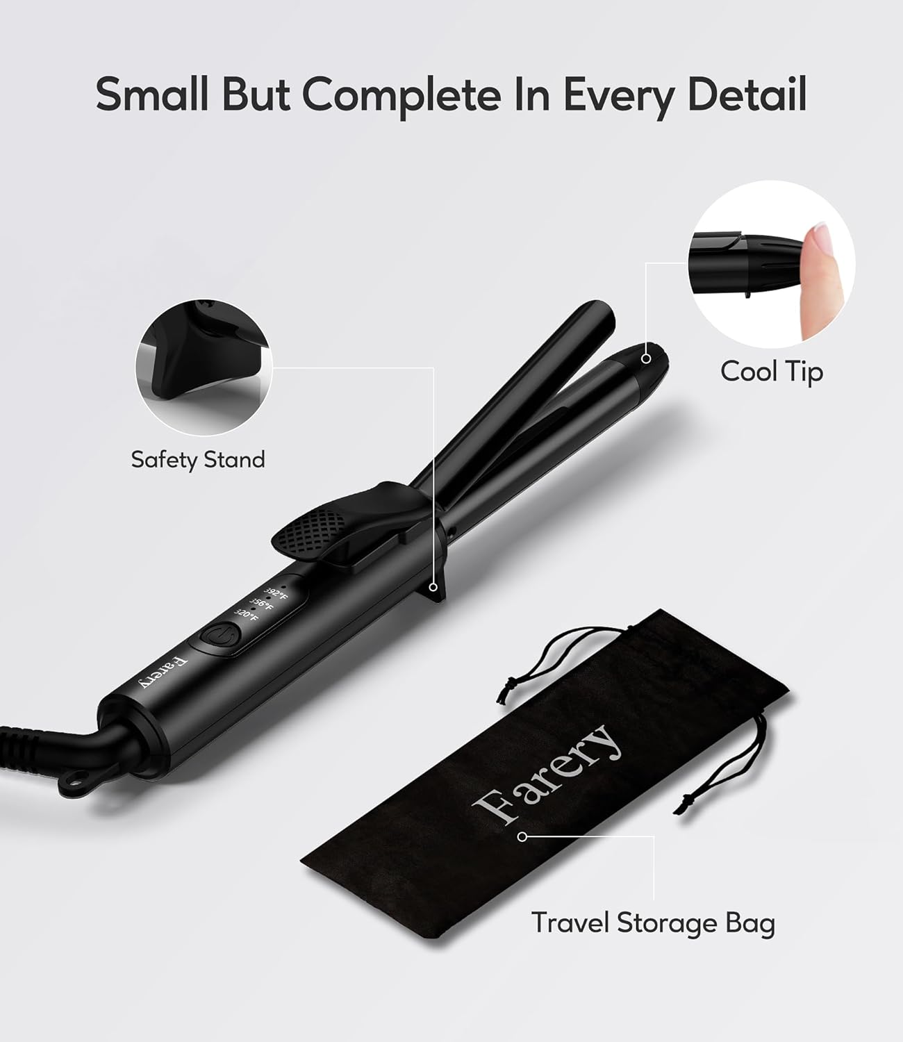 FARERY 1/2 Inch Ceramic Mini Hair Curler with 3 Adjustable Temp, Dual Voltage, Travel Curling Iron for Short Hair, Infused with Keratin & Argan Oil, Storage Bag