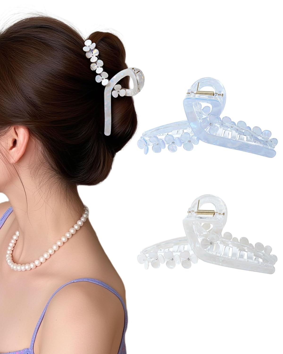 HOKEMP Large Hair Claw Clips for Women, 2 Pack Mermaid Acrylic 3D Flower Claw Clips for Thin & Thick Hair Styling Hair Accessories (White Mermaid + Blue Mermaid)