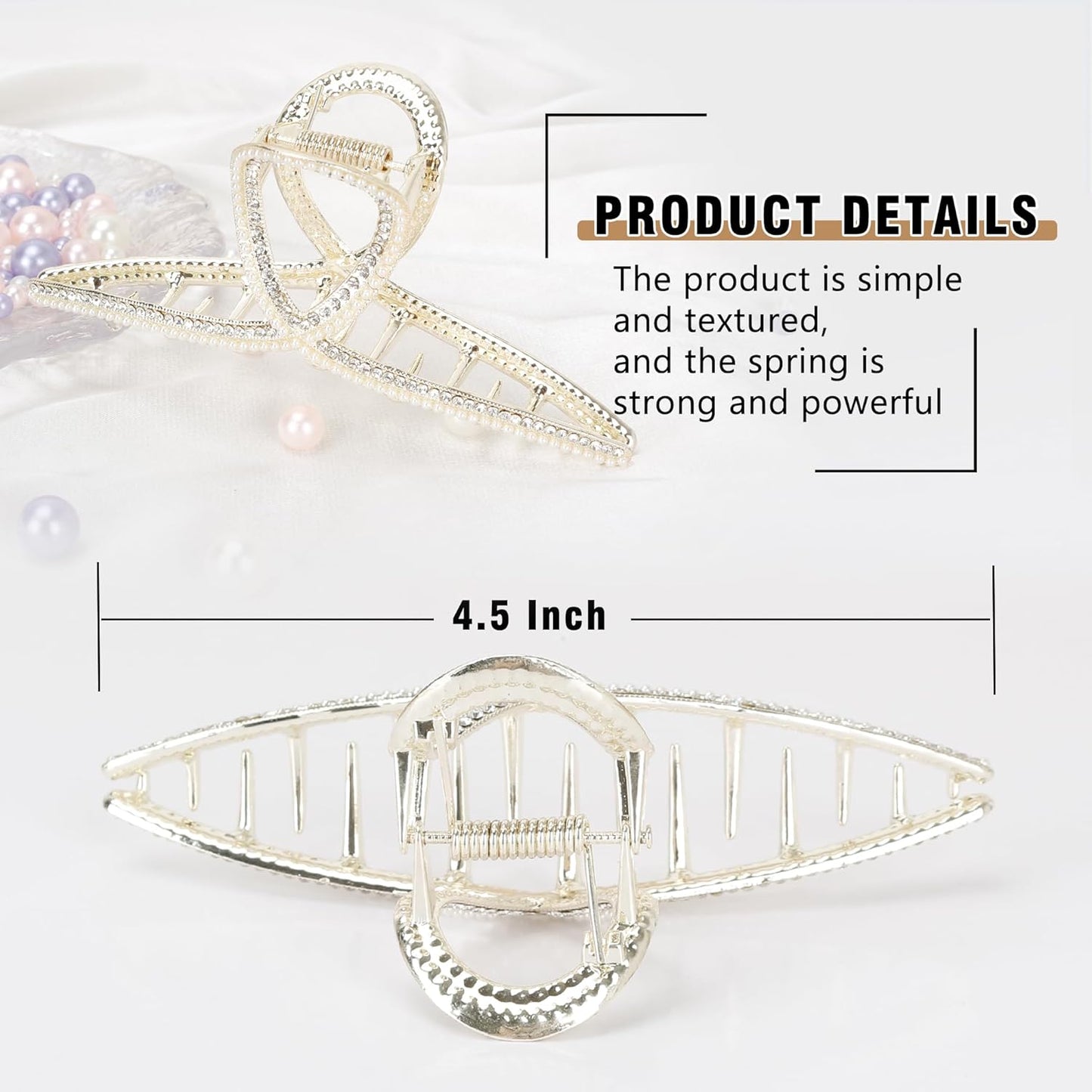 FAELBATY Large Metal Hair Clip for Women's Thick Hair 4.5 Inch, Pearls and Rhinestones Design, Strong Hold Claw Barrettes for Long Hair, Hair Accessories (Style 2, 1 Count)