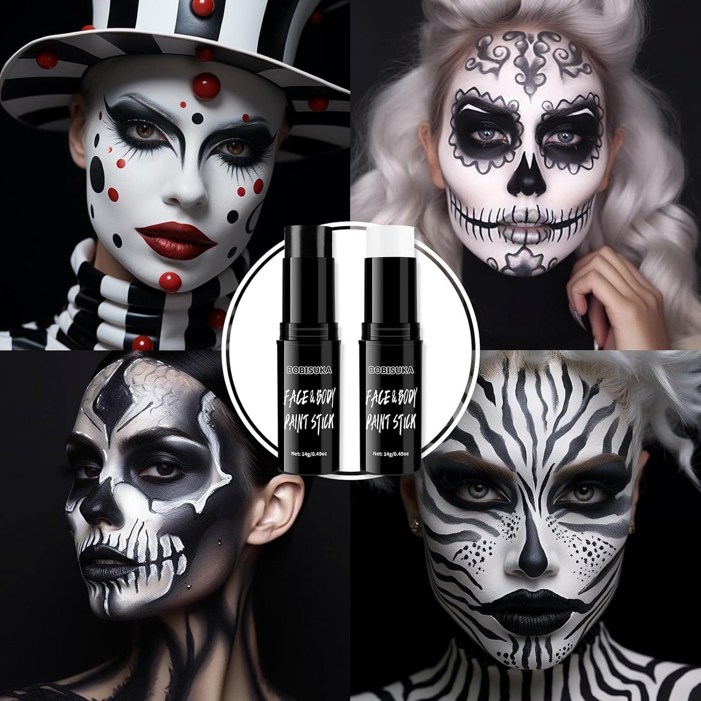 BOBISUKA Black & White Face Body Paint Stick Eye Black Sticks for Football Sports Water Based Face Painting Kit Quick Drying Foundation Makeup for Halloween Clown Skeleton Vampire Cosplay SFX Costume