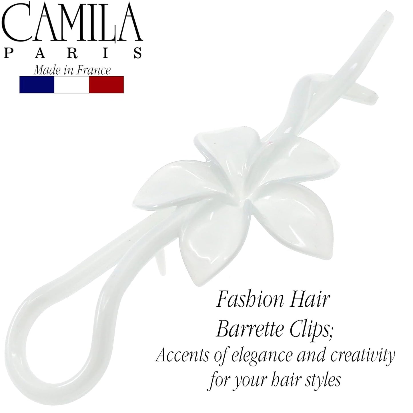Camila Paris CP3193 French Hair Barrette Pin Clips for Girls, Flower, White, No Metal Parts, Strong Hold Grip Hair Clips for Women, No Slip and Durable Styling Girls Hair Accessories, Made in France