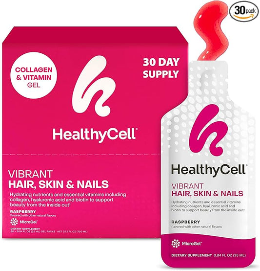Healthycell Vibrant Hair Skin & Nails Daily Liquid Supplement - Beauty Supplements with Hydrating Nutrients & Essential Vitamins - Collagen, Biotin & Hyaluronic Acid - 30 Gel Packs