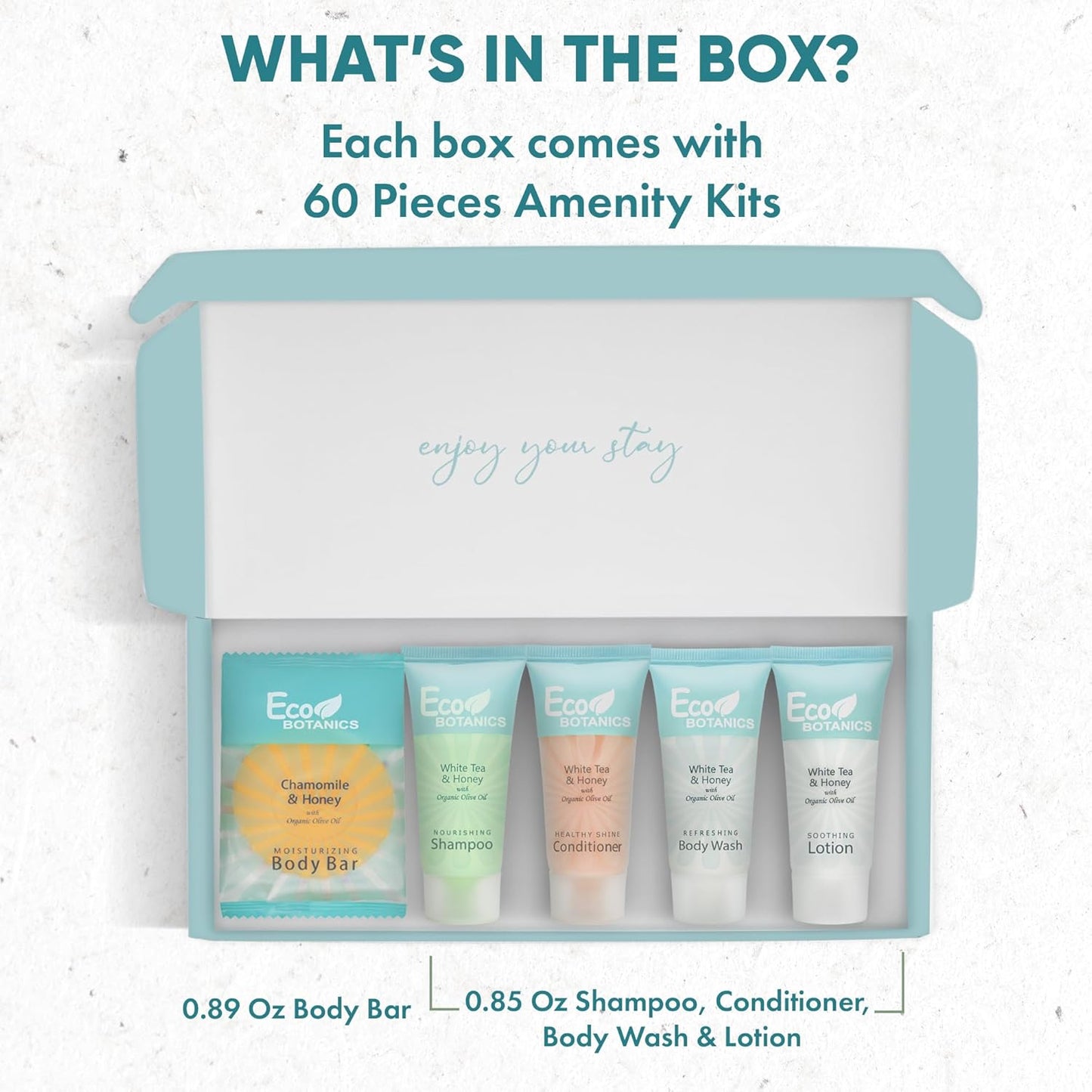 Terra Pure Eco Botanics Amenity Kit | Hotel Bulk Toiletries | 0.85 oz Shampoo, Conditioner, Lotion, Body Wash, Body Bar Soap for Guest Hospitality Vacation Rentals | 60 Sets/Case