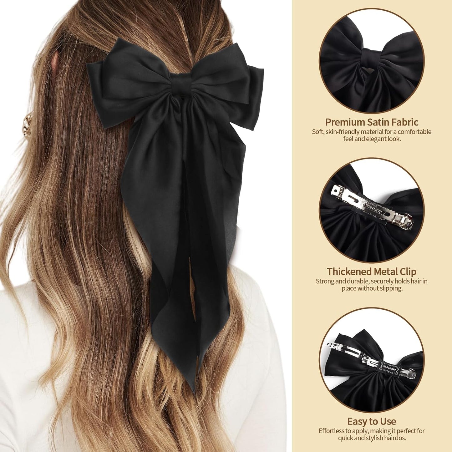 Silky Satin Hair Bows for Women Girls - 4PCS Ribbon Bows for Hair, Big Bow Hair Clips with Long Tail, Barrettes - Cute Hair Accessories Gifts (Black, Leopard, Green, Beige)