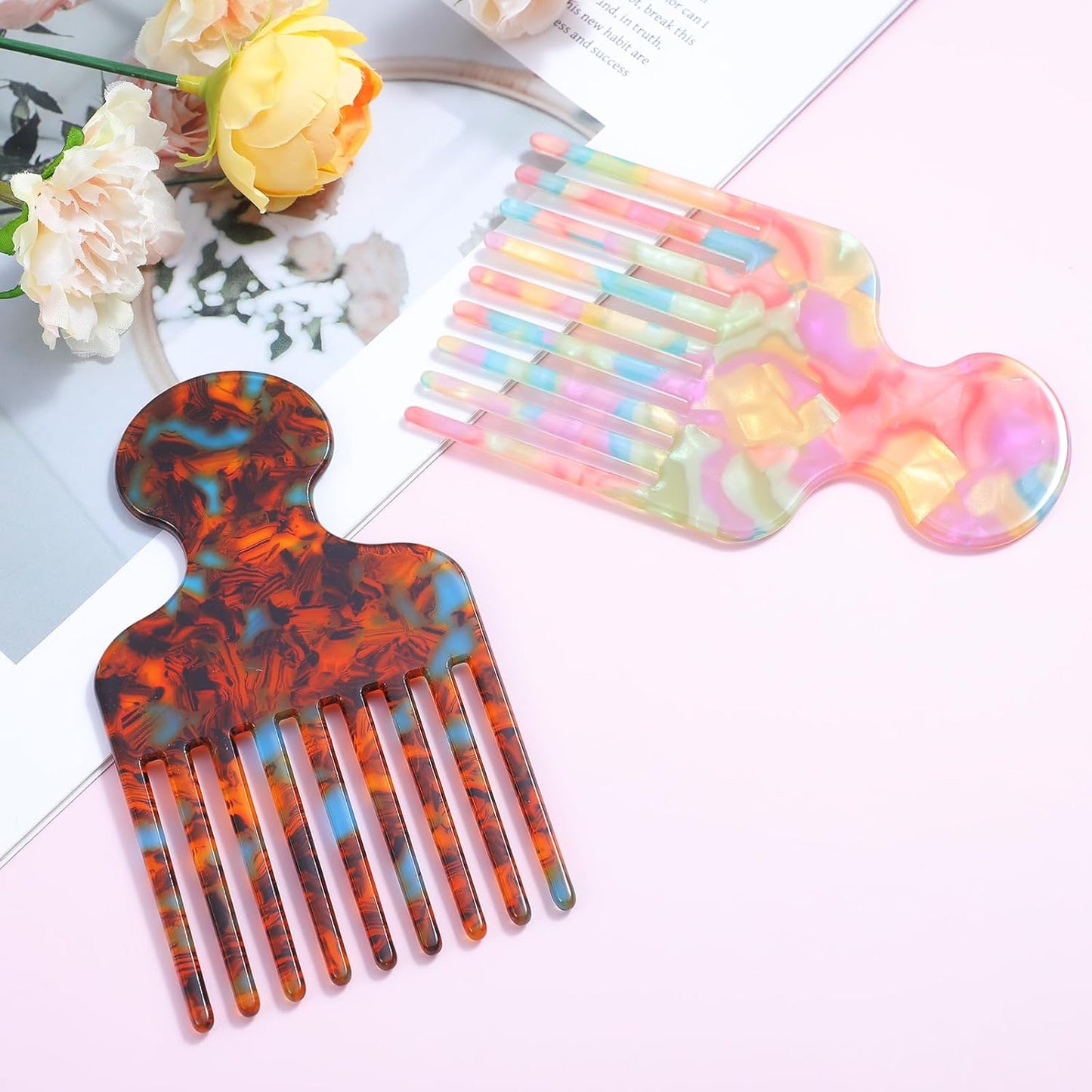 2PCS Acetate Hair Picks for women Curly Wide Tooth Hair Pick Comb Smooth Detangling Professional Hairs Styling Picks Comb Reducing Knots Afro Pick Styling Tool for Women Men Curly Hairs
