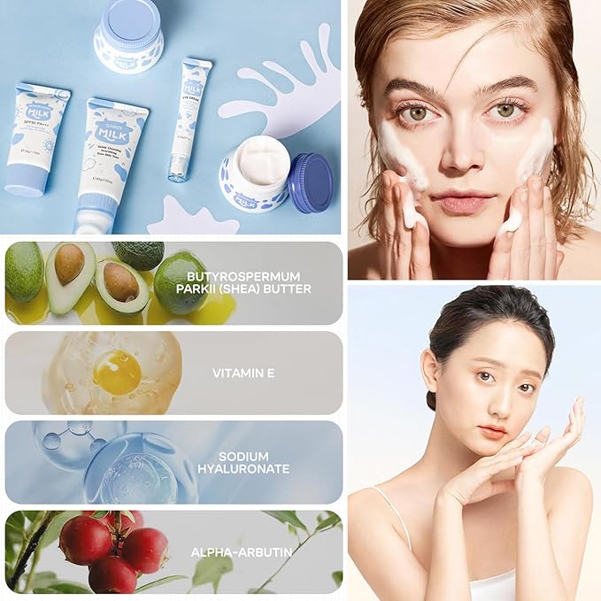 Milk Skincare Gift Set for Women & Girls, 5-In-1 Facial Skin Care Sets & Kits With Facial Cleanser, Face Cream, Eye Cream, Milk Gentle Skin Cleaning & Care Travel Size Facial Kit