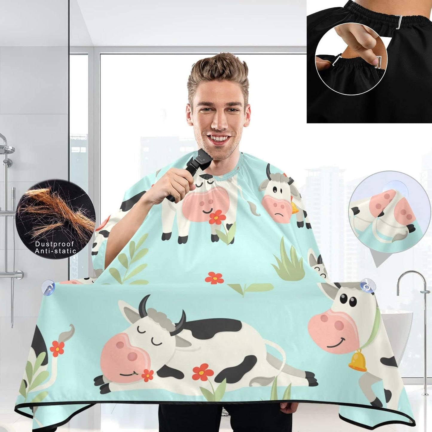 visesunny Barber Cape Cute Cow Character Polyester Hair Cutting Salon Cape Apron Anti-Static Haircut Water-Resistant Shaving Cloth Beard Shaving Bib Hairdressing Cape