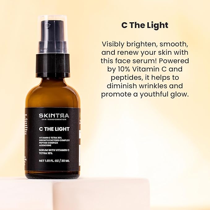 C The Light - 10% Stable Vitamin C Serum for Face, Neck, and Hands, Brightens & Firms Skin – Safe Vegan Formula Suitable for Sensitive Skin – 30 ml/Net 1.01 Fl. Oz