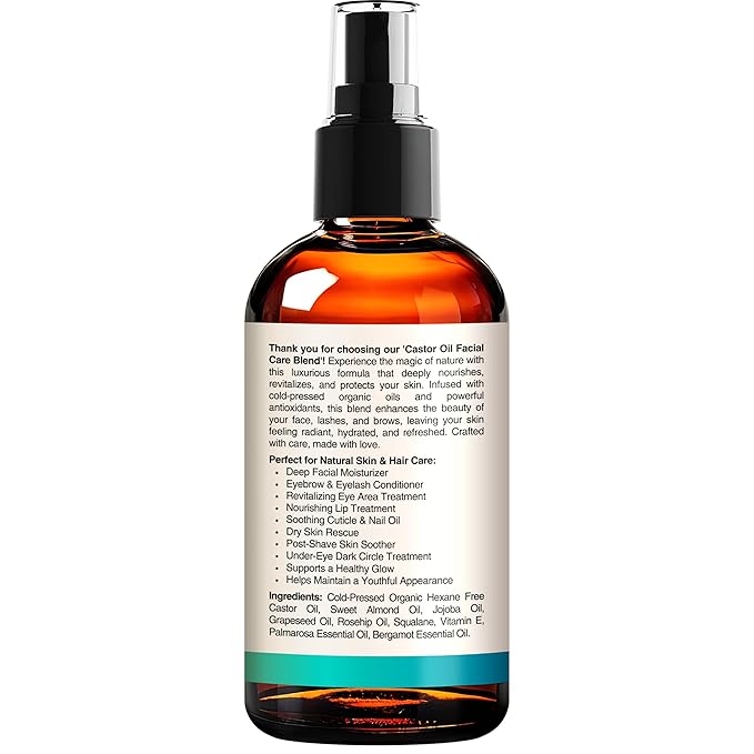 Organic Castor Oil For Face Moisturizer, Eyes, Eyelashes, Eyebrows, Wrinkles with Jojoba, Rosehip, Grapeseed, Squalane, Palmarosa, Bergamot and Vitamin E for Gentle Skin, Men & Women 4oz