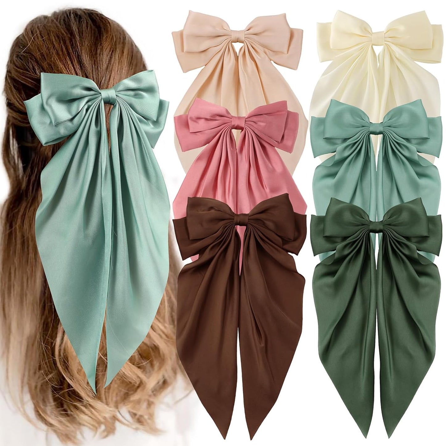 6 PCS Hair Bows for Women, Big Bow Hair Clips for Girls, Silky Satin Hair Bow Clips Oversized, Large Cute Aesthetic Hair Accessories Christmas Gifts Holiday Green Color