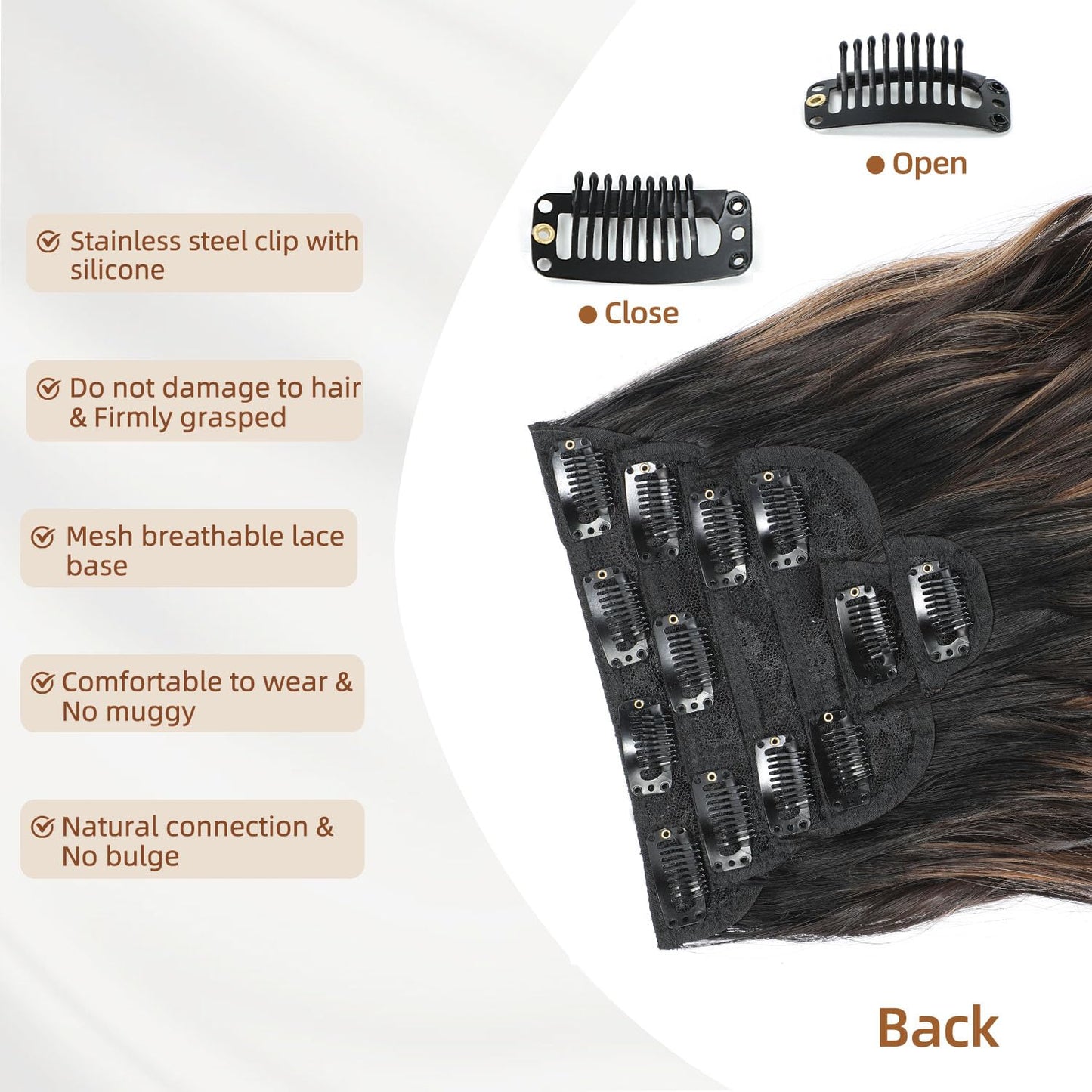 Clip in Hair Extensions, 6 PCS Natural & Soft Hair & Blends Well Hair Extensions, Dark Brown Long Wavy Hairpieces(24inch, 6pcs, Black with Brown Highlights)
