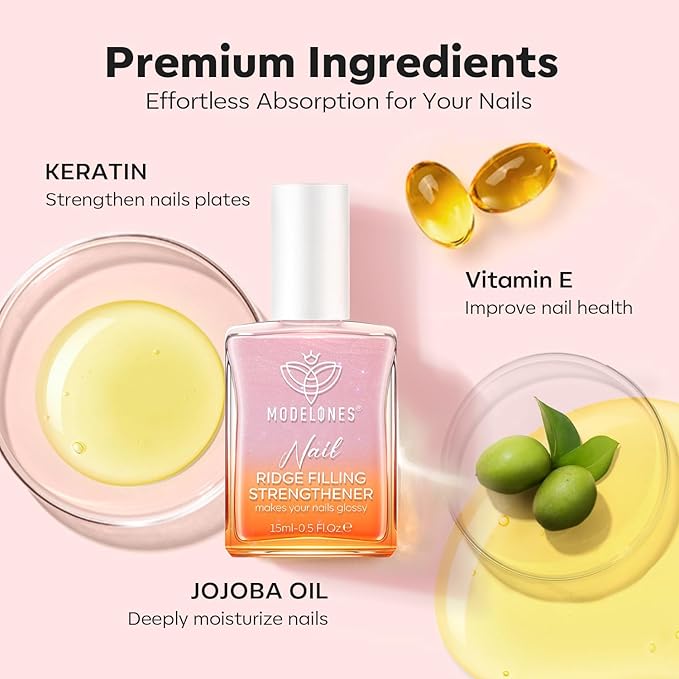 modelones Nail Strengthener, Ridge Filler for Nails, Clear Nail Polish for Thin, Weak & Damaged Nails, Nail Hardener for Nail Protection, Pink Glow, 15ml