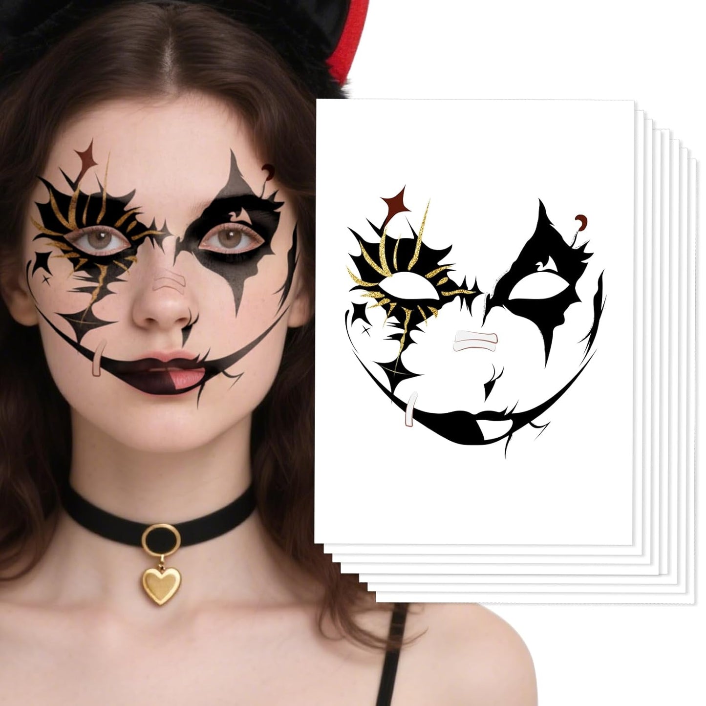 Halloween Black & Gold Glitter Face Tattoo, Face Temporary Tattoos Face Temporary Tattoo Sticker, Halloween Makeup Tattoo Stickers for Women, Men, Kids, Festival, Cosplay, Halloween 8Pcs