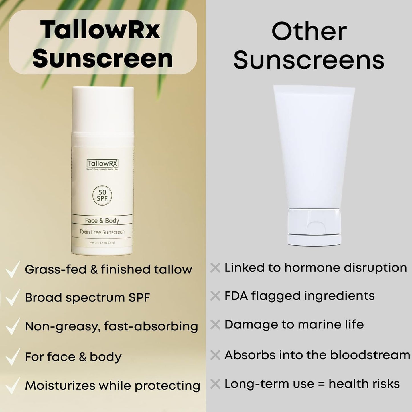 Tallow Sunscreen SPF 50 with Non Nano Zinc Oxide – Natural Mineral Sun Protection with Red Raspberry, Coconut Oil & Vit E – Reef Safe, Non Toxic & Moisturizing Sunblock for Face & Body – 3.4 oz