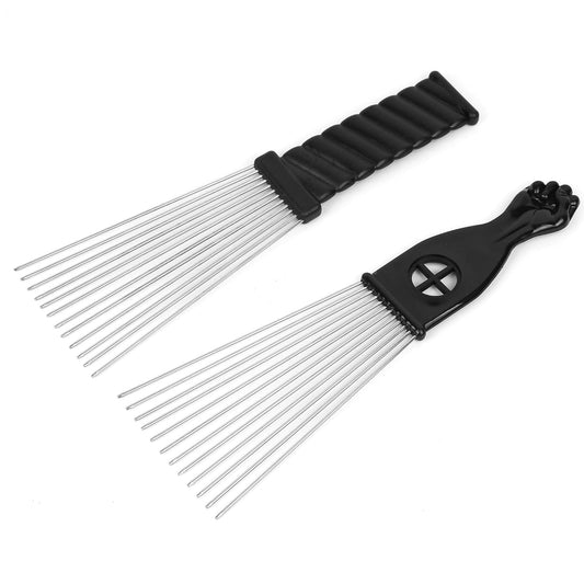 Afro Comb Metal African American Pick Comb Hairdressing Styling Tool, 2 Pack (Black-4, 2piece Assortment, Wide Teeth, Classic Black Fist Design, For Curly Hair and Afro Hairstyle)