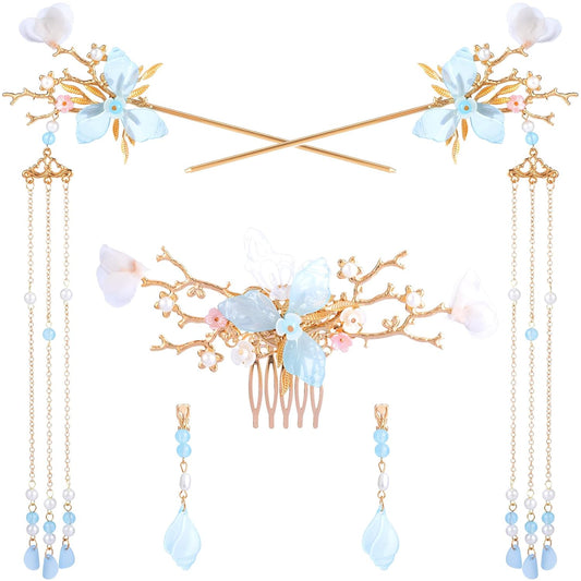 5pcs Flower Tassels Hairpin for Women, Non-Slip Crystal Pearl Greenstick Hair Clips, Retro Chinese Hanfu Wedding Brides Hair Accessories for Long Hair