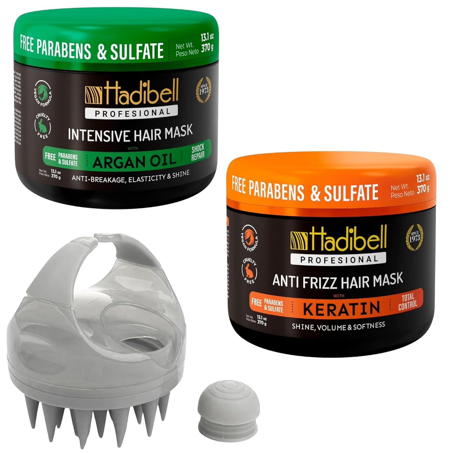 Hadibell Hair Repair & Hydration Pack, Keratin Treatment & Nourishing Argan Oil Hair Mask with Silicone Scalp Scrubber with Dispenser for Dandruff and Exfoliating