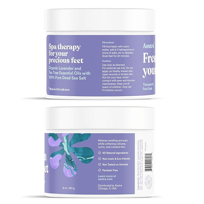 ASUTRA Invigorating and Therapeutic Foot Soak + Pedicure Pumice Stone (Dead Sea Salt w/Tea Tree & Lavender Oils), 16 oz - Helps to Soften Calluses, Corns, and Cracked Feet