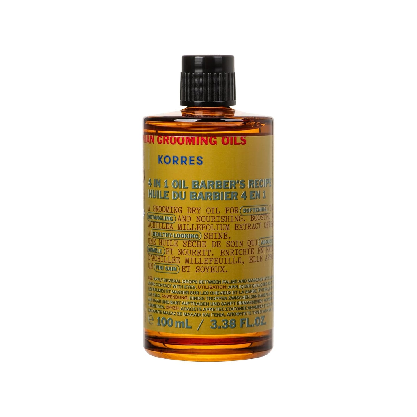 KORRES Athenian Grooming 4-in-1 Men’s Care Oil, Dry Oil for Hair & Beard with Achillea Millefolium, Abyssinian, Almond & Olive Oils, Detangles, Softens, Vegan, Silicone & Paraben Free, 3.38 Fl Oz