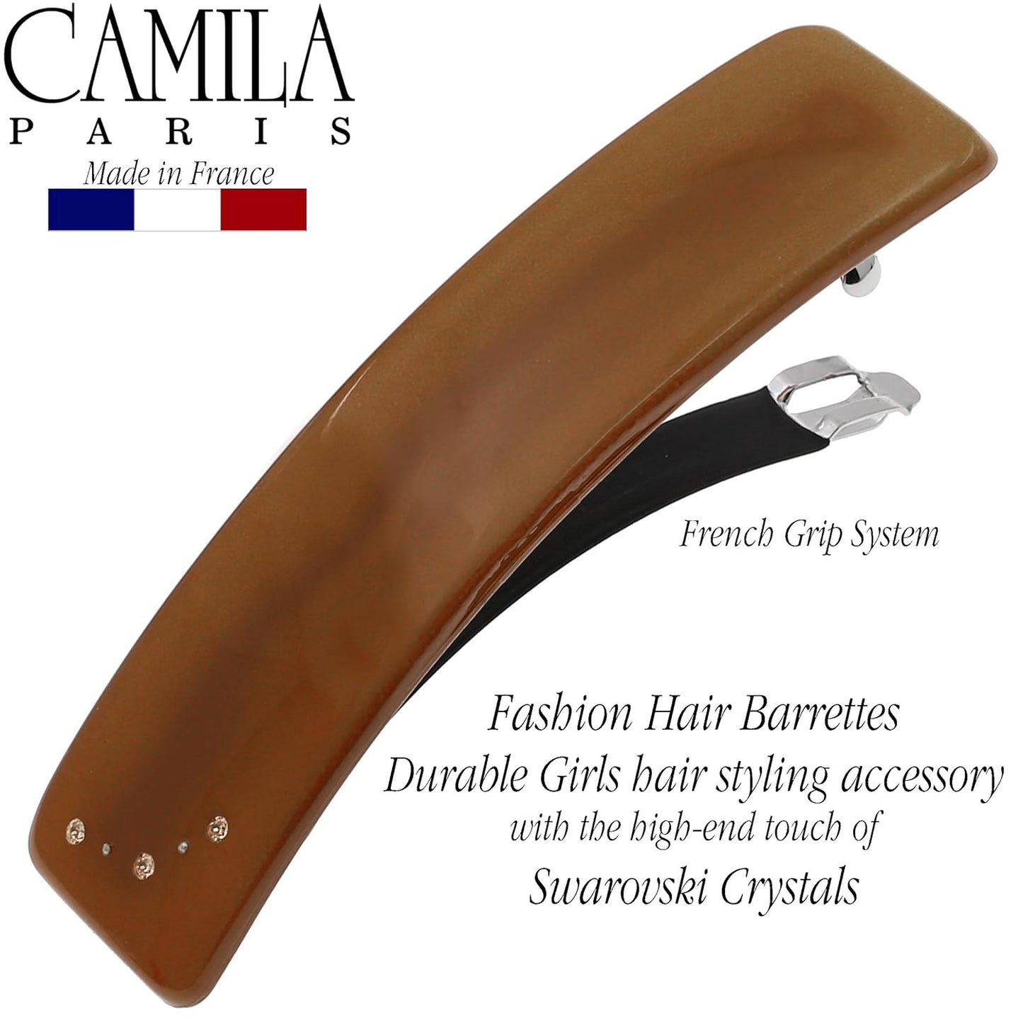 Camila Paris CP3443 French Hair Barrette Clip for Girls, Caramel, Rubberized Automatic Clasp Strong Hold Grip Hair Clips for Women, No Slip and Durable Styling Girls Hair Accessories, Made in France
