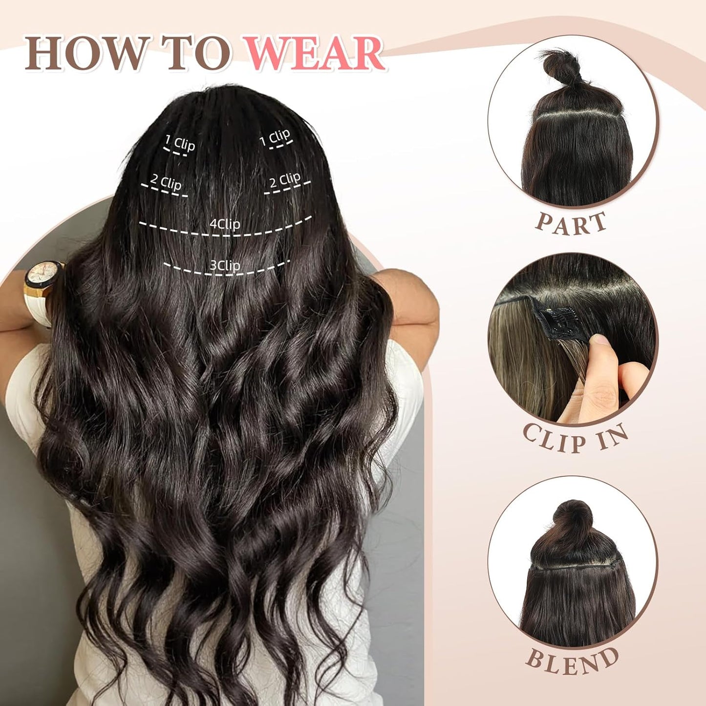 Synthetic Clip in Hair Extensions, 6 PCS Natural & Soft Hair & Blends Well Hair Extensions, Dark Brown Long Wavy Hairpieces(20inch, 6pcs, Dark Brown)