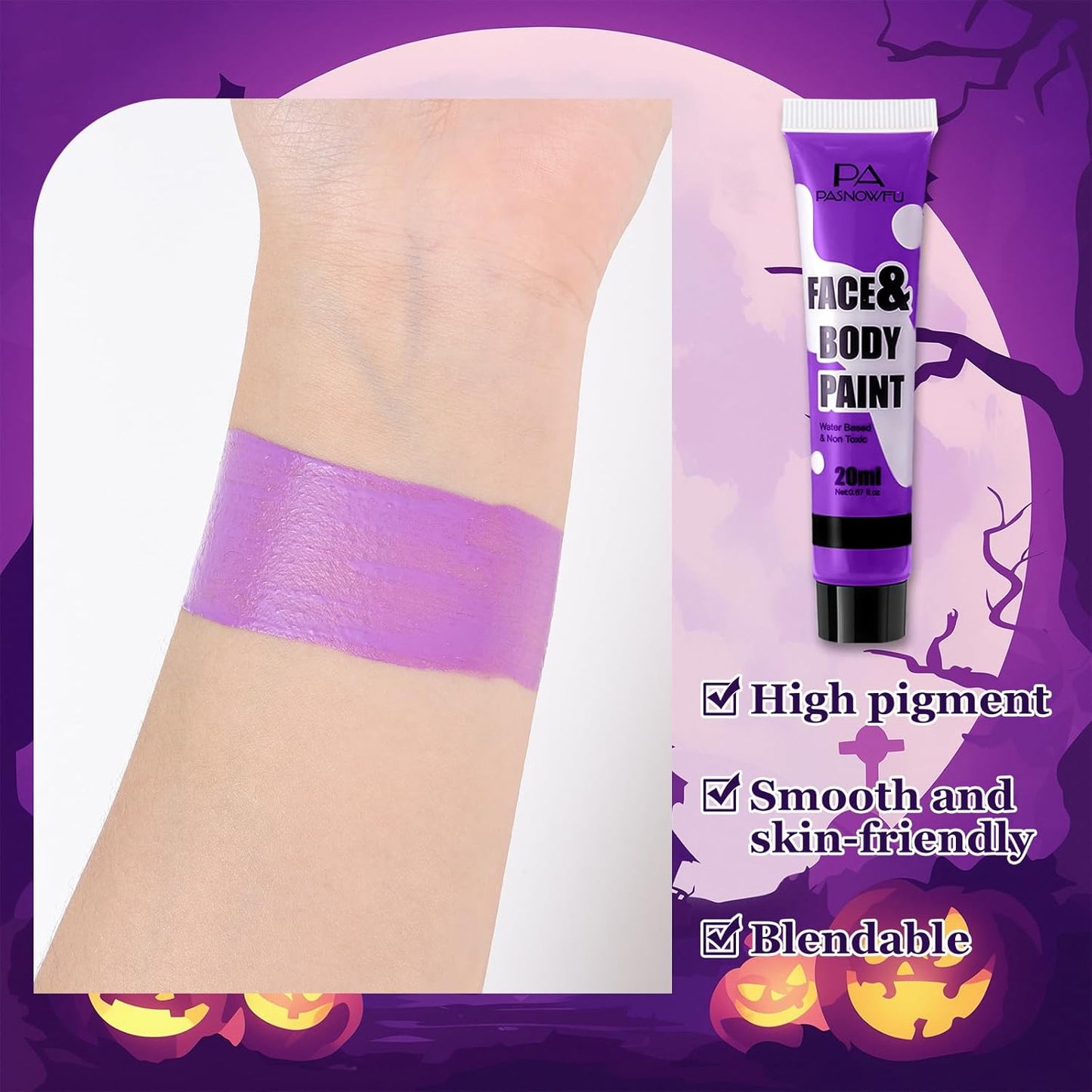 Purple Face Paint -Water Based Non-Toxic Highly Pigmented Body Painting for Fantasy Creature Halloween SFX Cosplay, Full Coverage Washable Paint for Costume Party Stage Performance