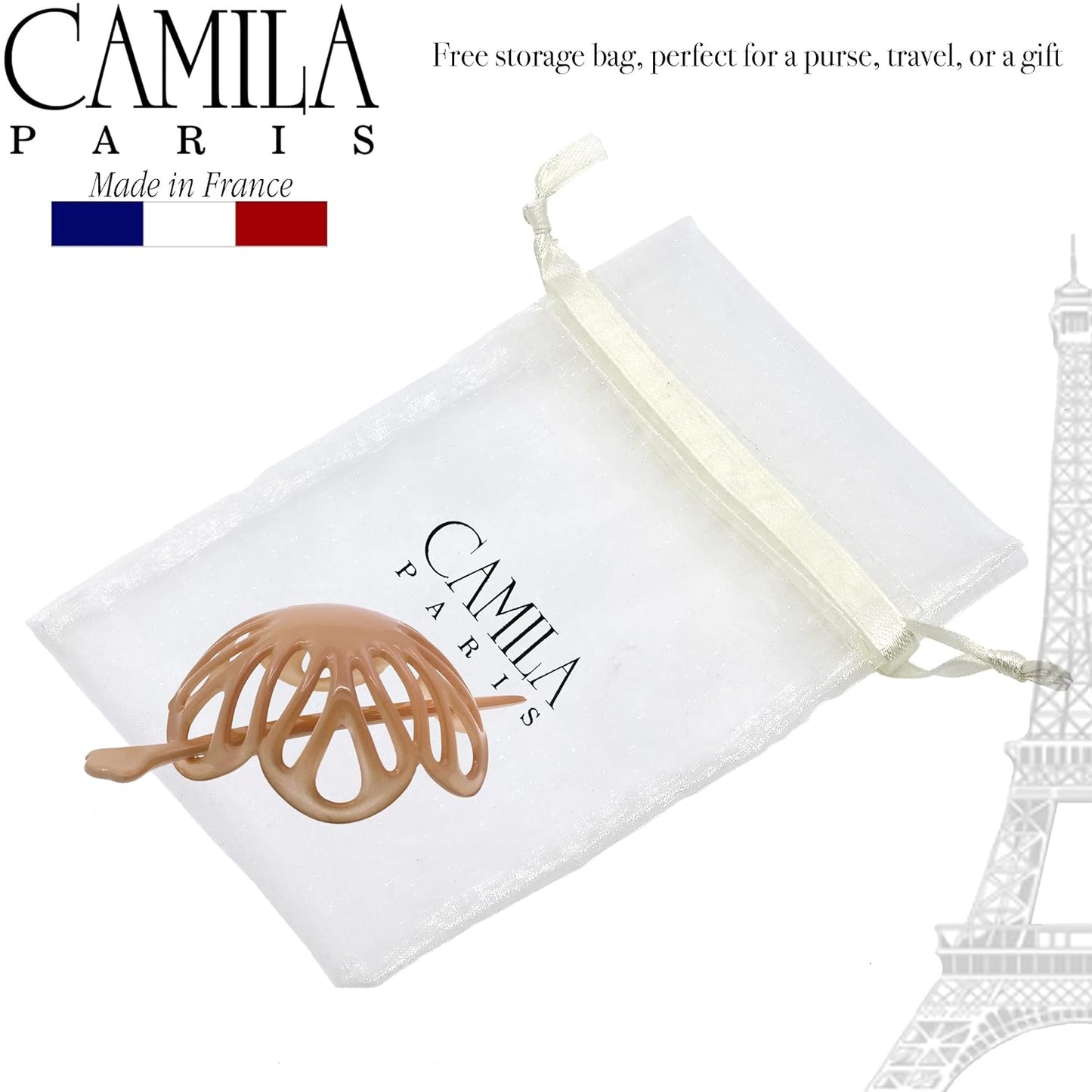 Camila Paris CP3143 French Hair Bun Clip Maker Cover Cap Holder, Beige, Round Dome Bun Hair Clip for Women Hair Updo, Styling Hair Bun Accessories for Women, No Slip and Durable, Made in France