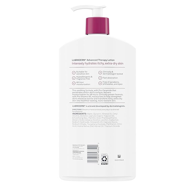 Lubriderm Advanced Therapy Moisturizing Hand and Body Lotion + Pro-Ceramide with Vitamin E and Pro-Vitamin B5, Non-Greasy, Fragrance-Free, Intense Hydration for Itchy, Extra Dry Skin, 32 FL OZ
