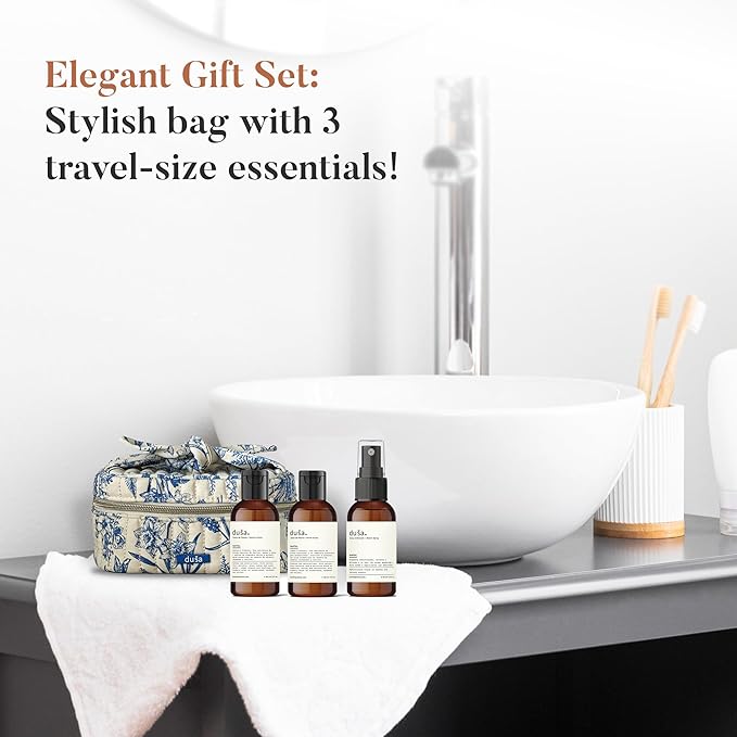 Dusa Santal Gift Set: Room Spray Santal Fragrance (2 oz), Premium Hydrating Hand Cream (2 oz), Soothing Hand Soap & Toile de Jouy Makeup Pouch – Ideal Luxurious Gift for Mothers Day