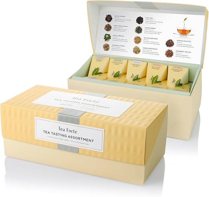 Tea Forte Tea Tasting Assortment Presentation Box Tea Gift Set Sampler, 20 Count 2 of Each Variety Individually Wrapped Handcrafted Pyramid Infuser Bags