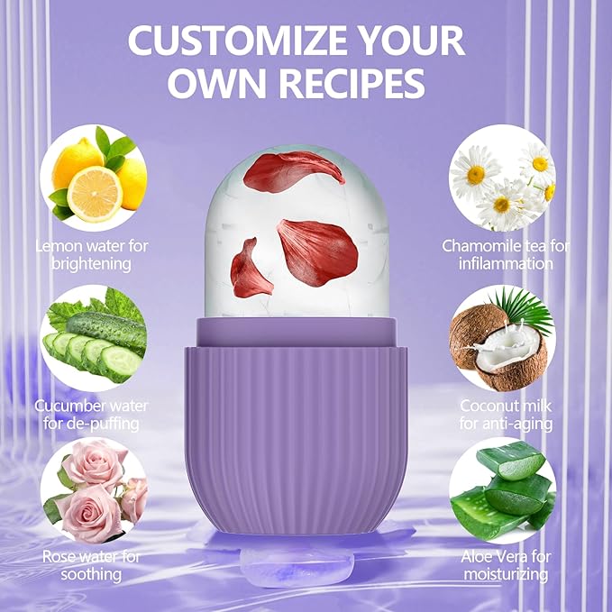 Ice Roller for Face and Eye, Silicone Ice Facial Roller Ice Holder, Face Ice Mold Skin Care, Face Icers Reusable Ice Cube Roller for Shrink Pores Anti Wrinkle Reduce Puffiness, Purple