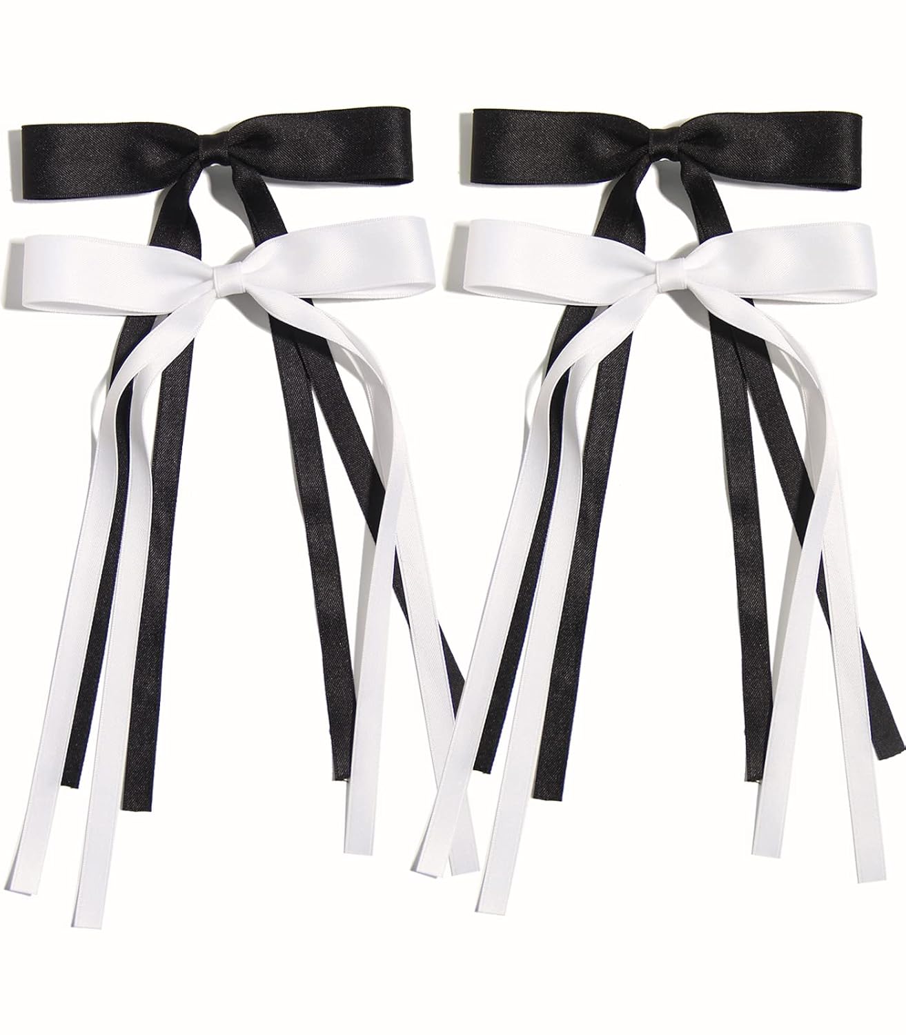 LFOUVRE 4pcs Hair Clips for Women Tassel Ribbon Bowknot with Long Tail, Clip Girl, Solid Accessories Barrettes Claw Bow (Black White), Pack of 1,4 Count