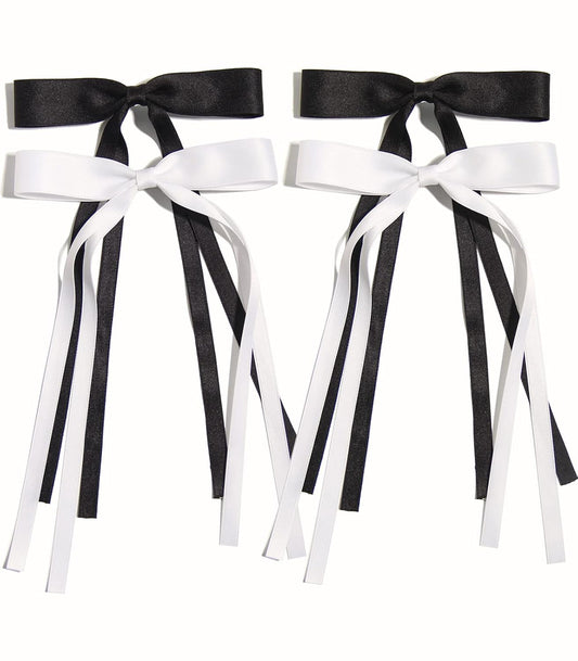 LFOUVRE 4pcs Hair Clips for Women Tassel Ribbon Bowknot with Long Tail, Clip Girl, Solid Accessories Barrettes Claw Bow (Black White), Pack of 1,4 Count